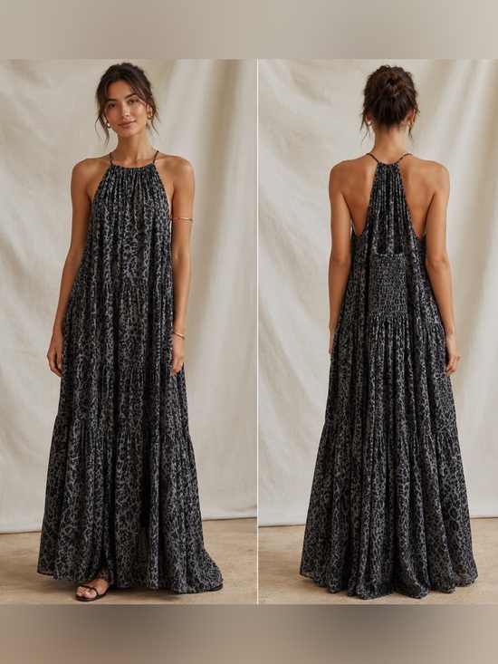 Old Navy Dresses & Skirts - Old Navy Charcoal Leopard Halter Tiered Maxi Dress Size Medium VGUC
